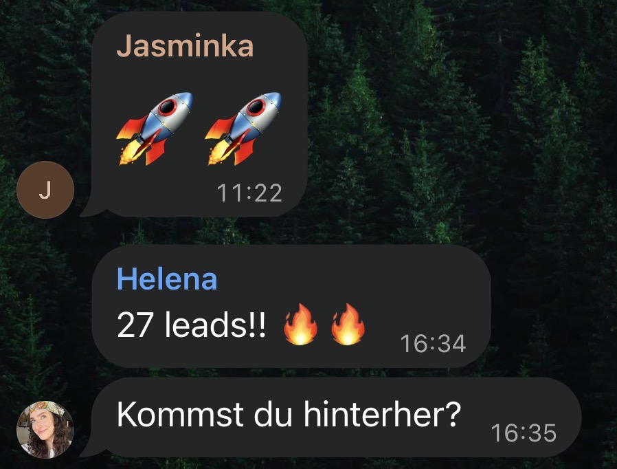 Kundennachricht von Jasminka mit der Meldung von 27 Leads