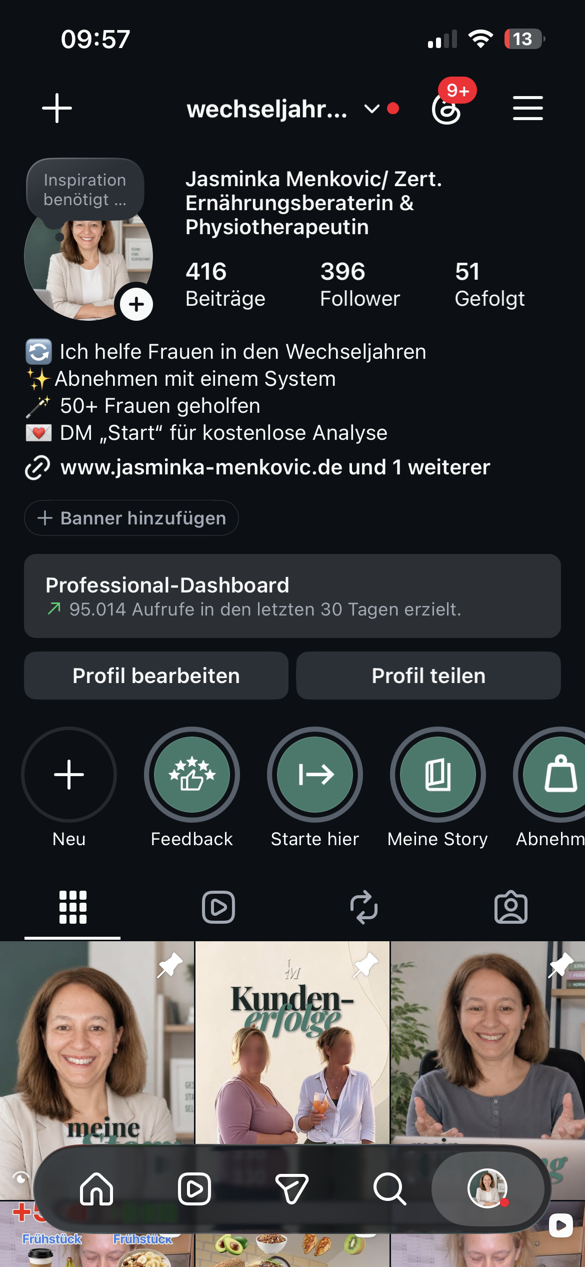 Jasminkas späteres Instagram-Profil mit 396 Followern und 95.014 Aufrufen in den vorherigen 30 Tagen